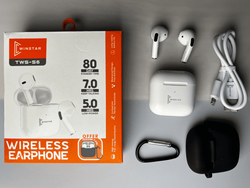 Contenu complet des écouteurs sans fil Winstar TWS-S6 avec boîte et accessoires