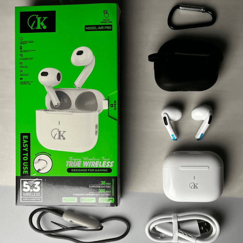 Écouteurs sans fil CIK Air Pro avec boîtier, câble USB, mousqueton et étui silicone