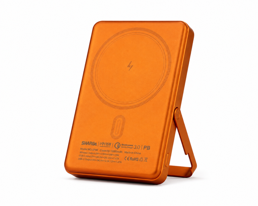 SHTEL SP-80 10000mAh magnetic wireless power bank in orange with fold-out metal stand