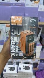 Spicy SP-16 solar power bank 50000mah packaging box showing 22.5W solar power bank with built-in cables