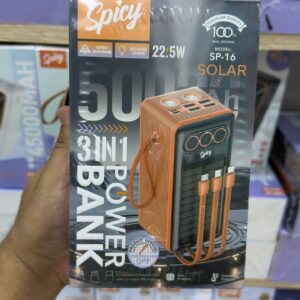 Spicy SP-16 solar power bank 50000mah packaging box showing 22.5W solar power bank with built-in cables