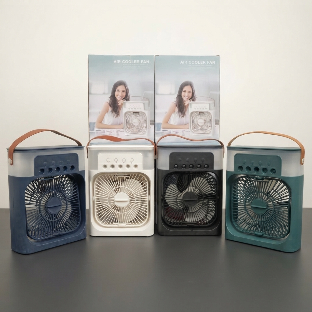 Portable air cooler fan with top handle shown in multiple colors Portable air cooler fan with top water reservoir and carrying handle