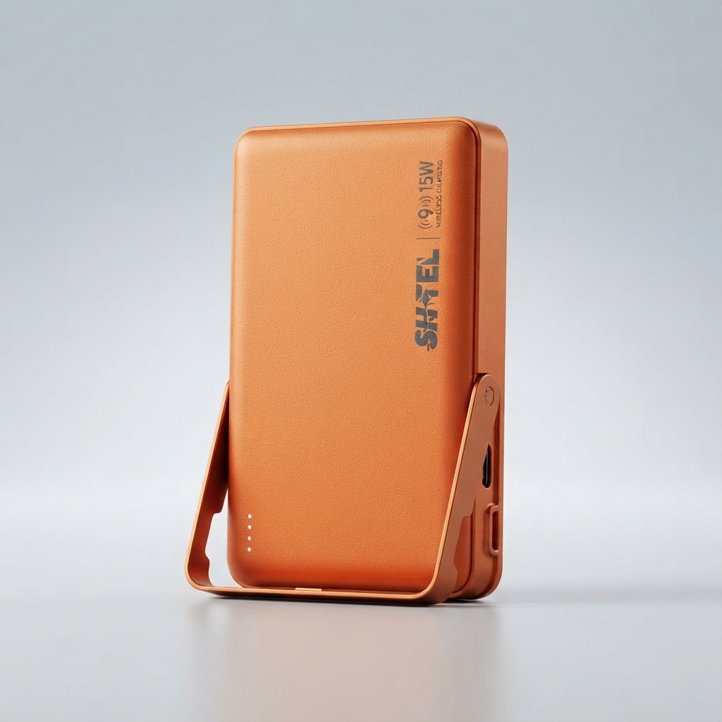 Orange SHTEL SP-80 magnetic wireless power bank with built-in stand SHTEL SP-80 10000mAh magnetic wireless power bank in orange with fold-out metal stand