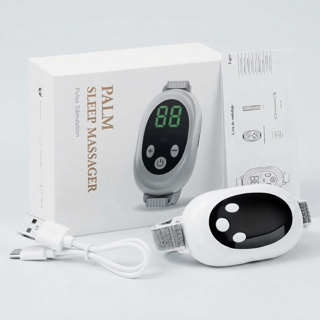 Palm Sleep Massager with digital display and adjustable strap