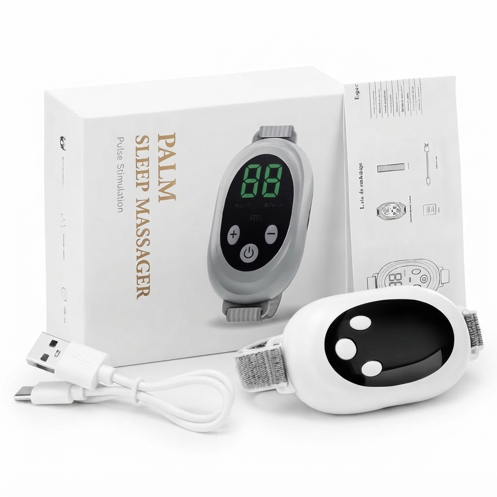 Palm Sleep Massager with digital display and adjustable strap