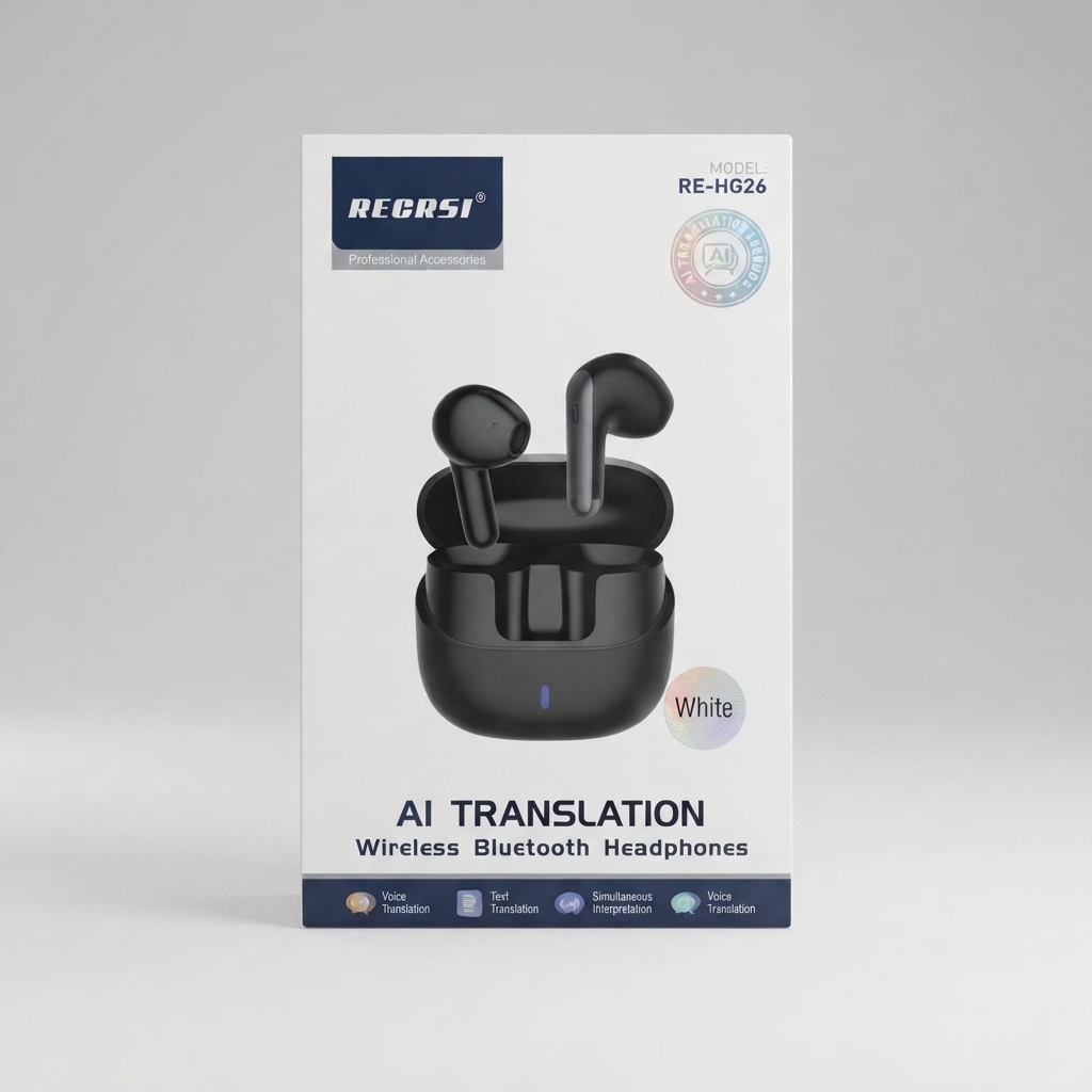 RECRSI RE-HG26 AI translation wireless headphones packaging RECRSI RE-HG26 AI Translation Wireless Bluetooth Headphones with charging case