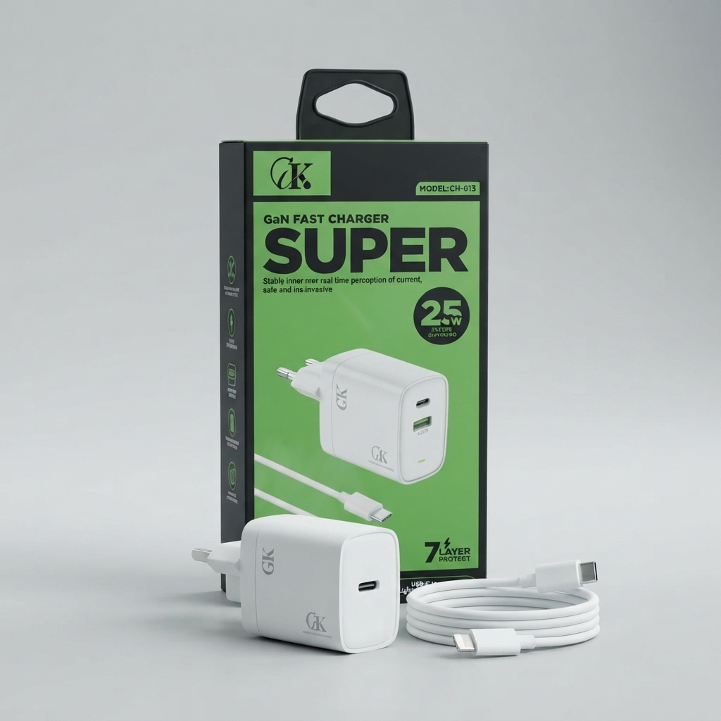 GK CH-013 25W GaN fast charger packaging with 1m cable GK CH-013 25W GaN fast charger with 1m cable