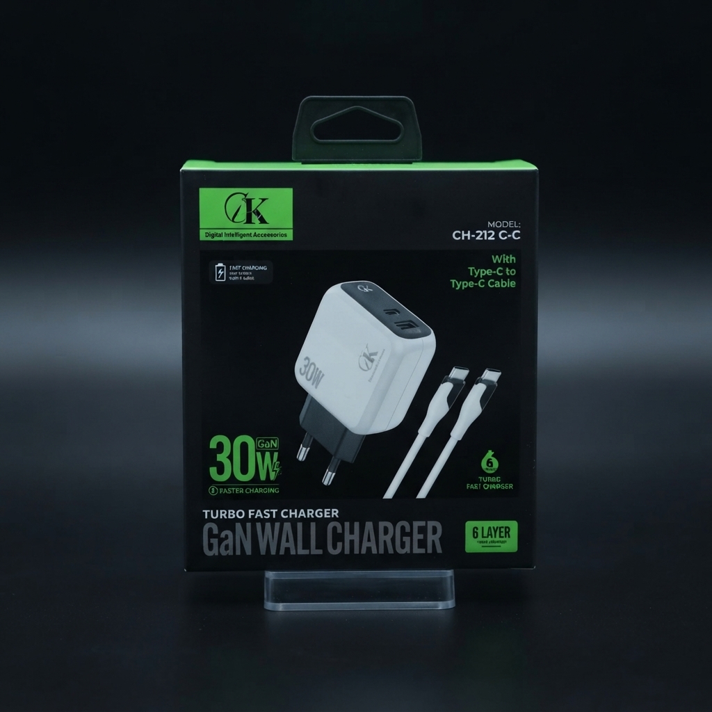 GK 30W GaN fast charger box with USB-C to USB-C cable model CH-212 C-C GK 30W GaN Fast Charger with USB-C Cable