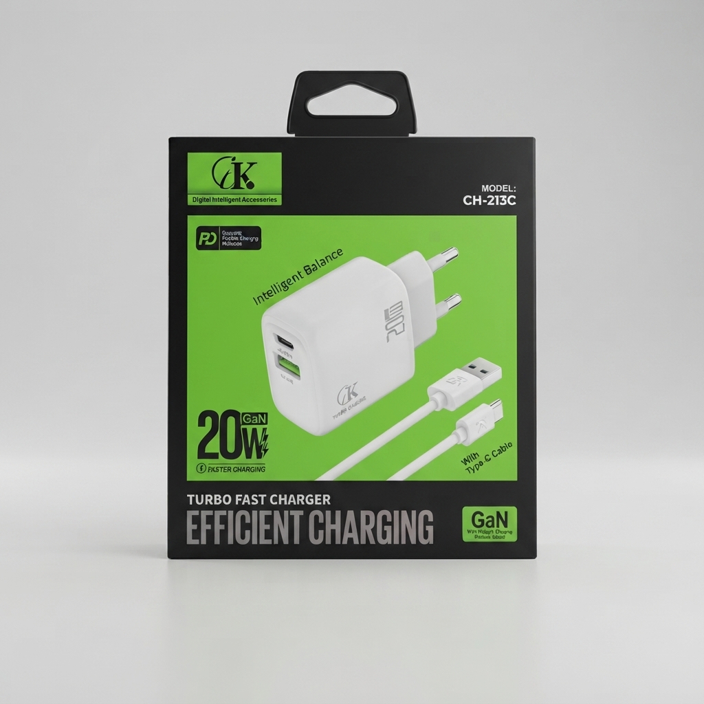 GK CH-213C 20W GaN Turbo Fast Charger box packaging with power adapter and cable GK CH-213C 20W GaN Turbo Fast Charger with Cable