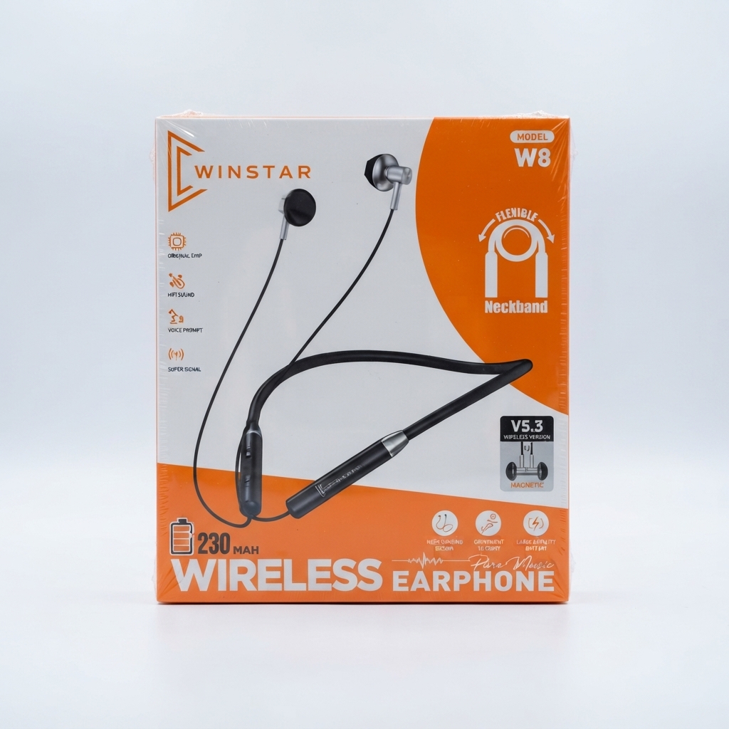 Winstar W8 neckband wireless earphone packaging box showing specs and design Winstar W8 flexible neckband wireless earphone with magnetic earbuds