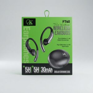GK FT60 True Wireless Earbuds in black with over-ear hook styling