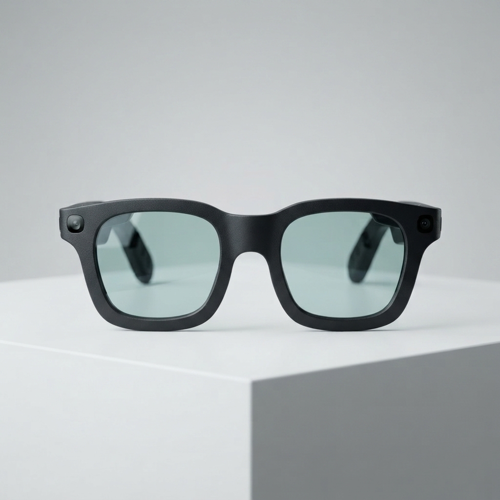 Smart glasses with black frame resting on retail packaging box Smart glasses with black frame and wide temples