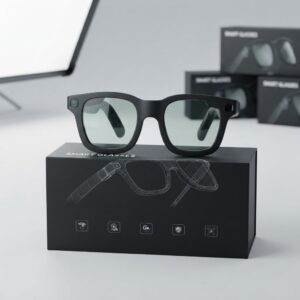 Smart glasses with black frame and wide temples