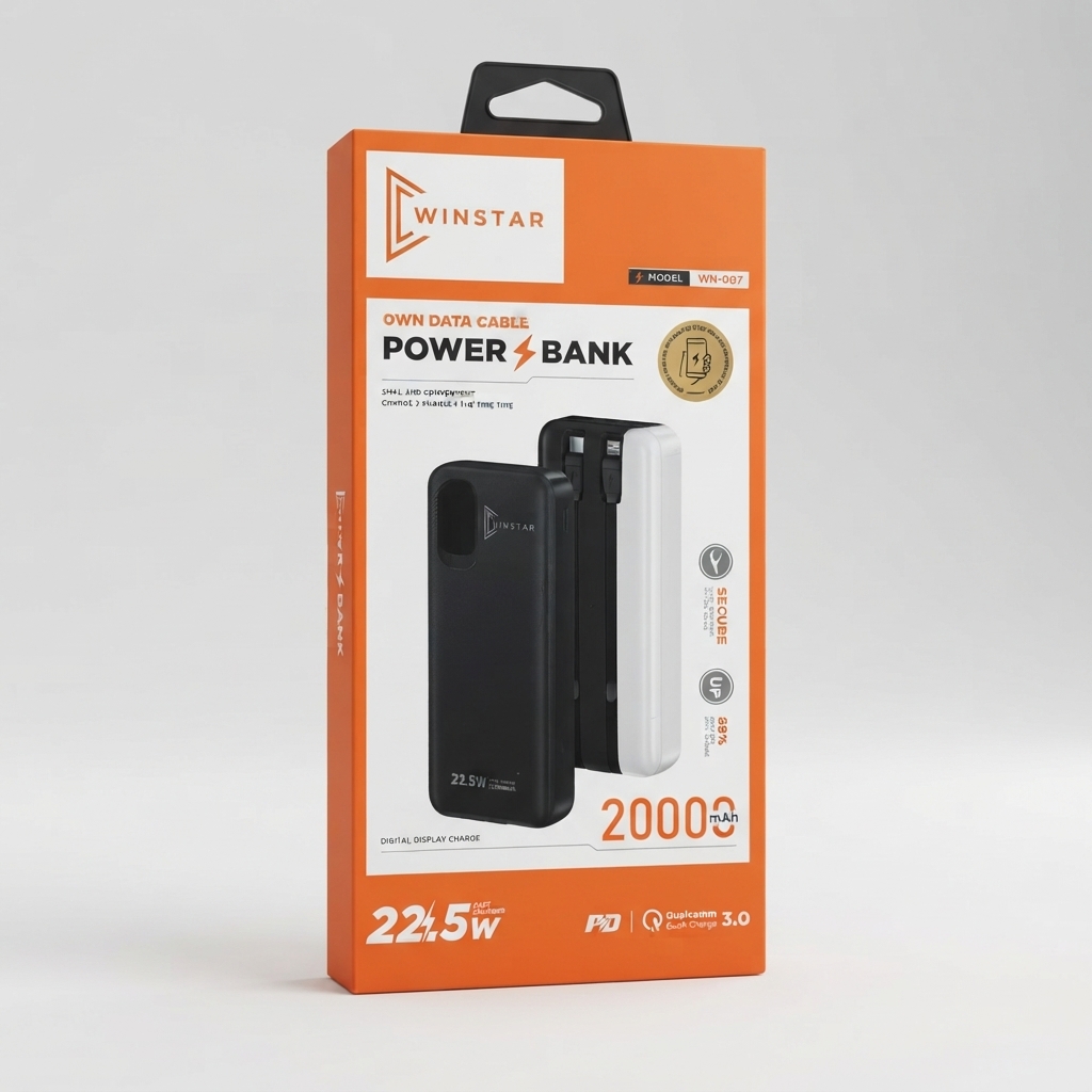 Boîte de la batterie externe Winstar WN-007 20000 mAh 22.5W avec câbles intégrés Batterie Externe Winstar WN-007 20000 mAh 22.5W