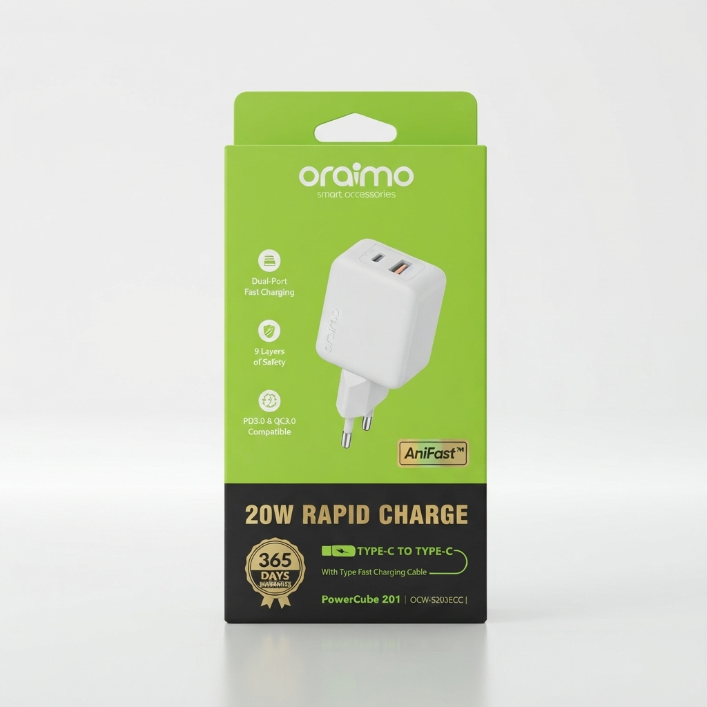 Chargeur Oraimo PowerCube 201 20W dans son emballage Chargeur Oraimo PowerCube 201 20W double port avec câble Type-C