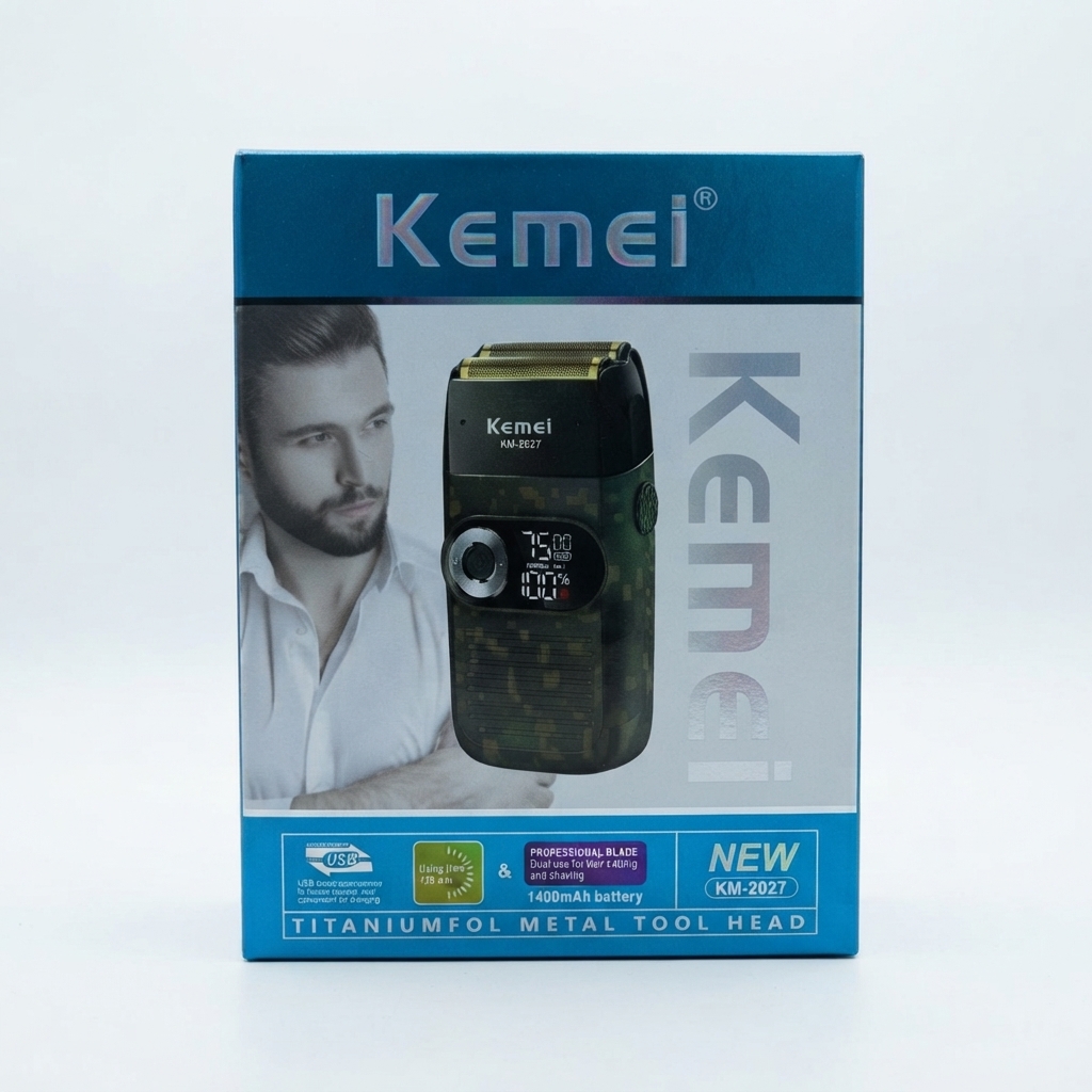 Boîte du rasoir Kemei KM-2027 avec écran numérique Rasoir électrique Kemei KM-2027 à grille titane
