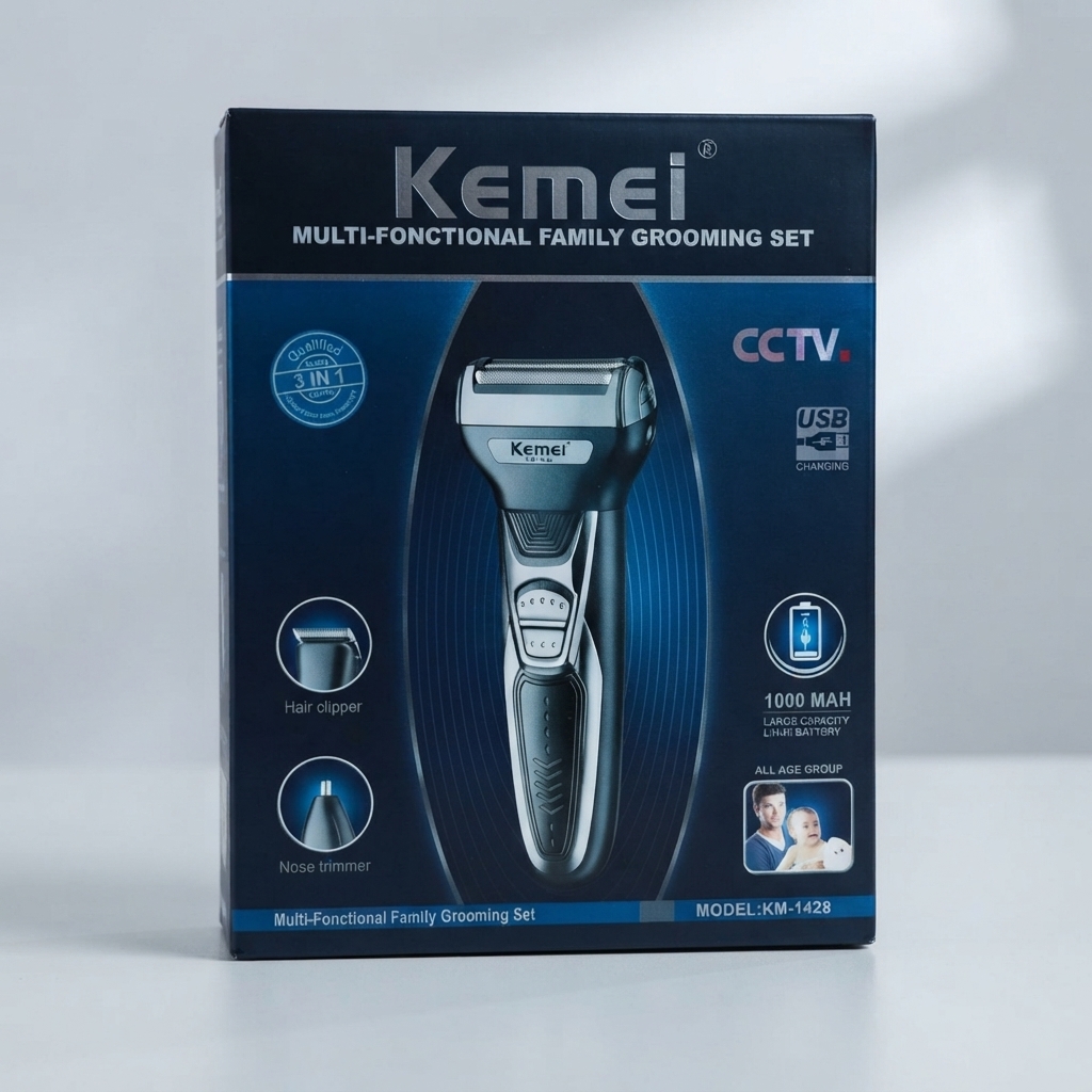 Tondeuse multifonction 3 en 1 Kemei KM-1428 dans son emballage Tondeuse multifonction 3 en 1 Kemei KM-1428