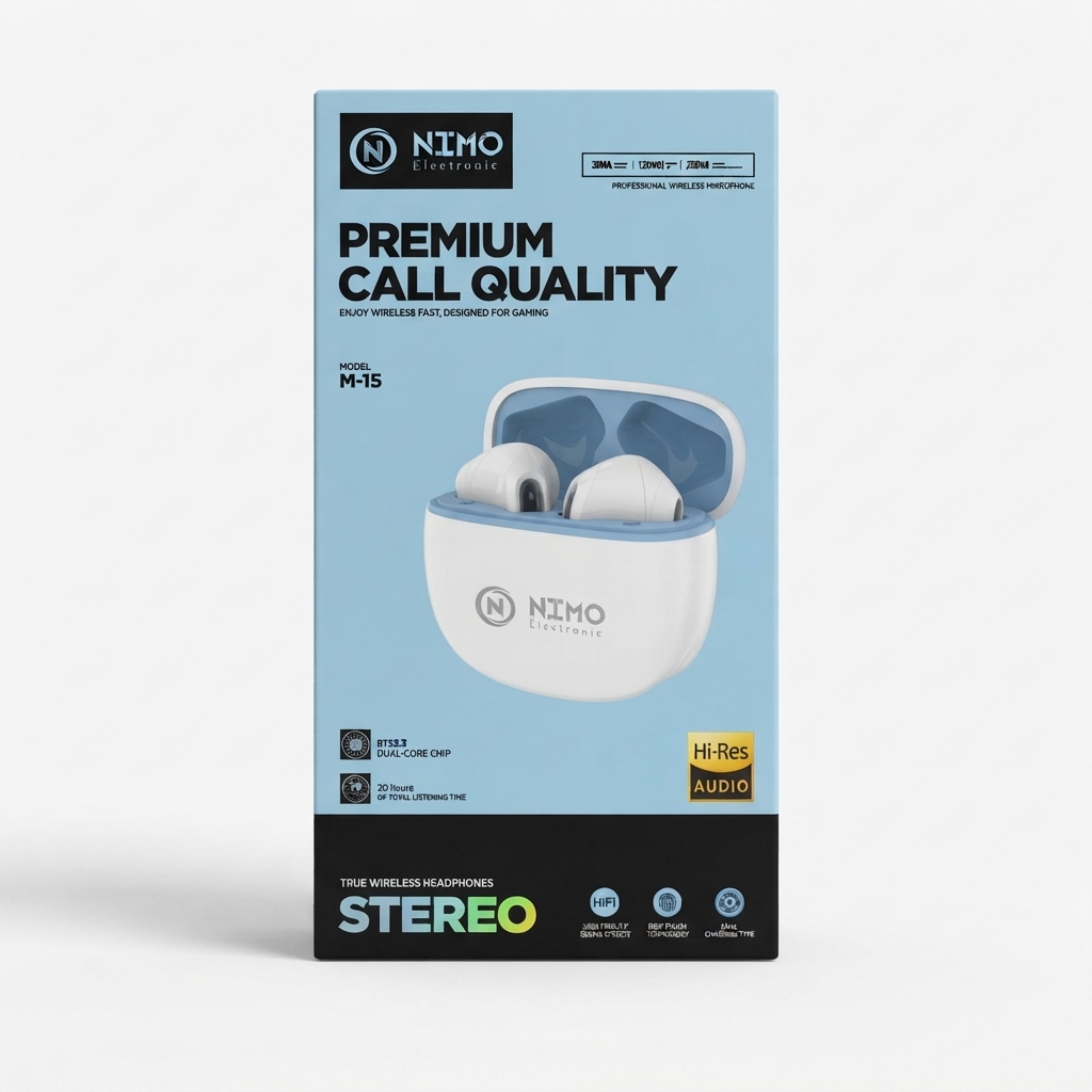 Boîte des écouteurs sans fil NIMO M-15 avec boîtier de charge ouvert Écouteurs sans fil NIMO Electronic M-15 dans leur boîtier de charge