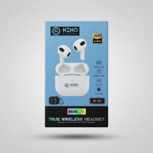 Écouteurs Sans Fil Nimo N-30 True Wireless dans leur boîtier de charge