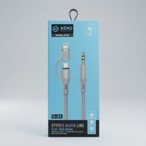 Câble audio jack 2 en 1 NIMO N-04 avec connecteurs USB-C et Lightning vers jack 3.5mm