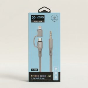 Câble audio jack 2 en 1 NIMO N-04 avec connecteurs USB-C et Lightning vers jack 3.5mm