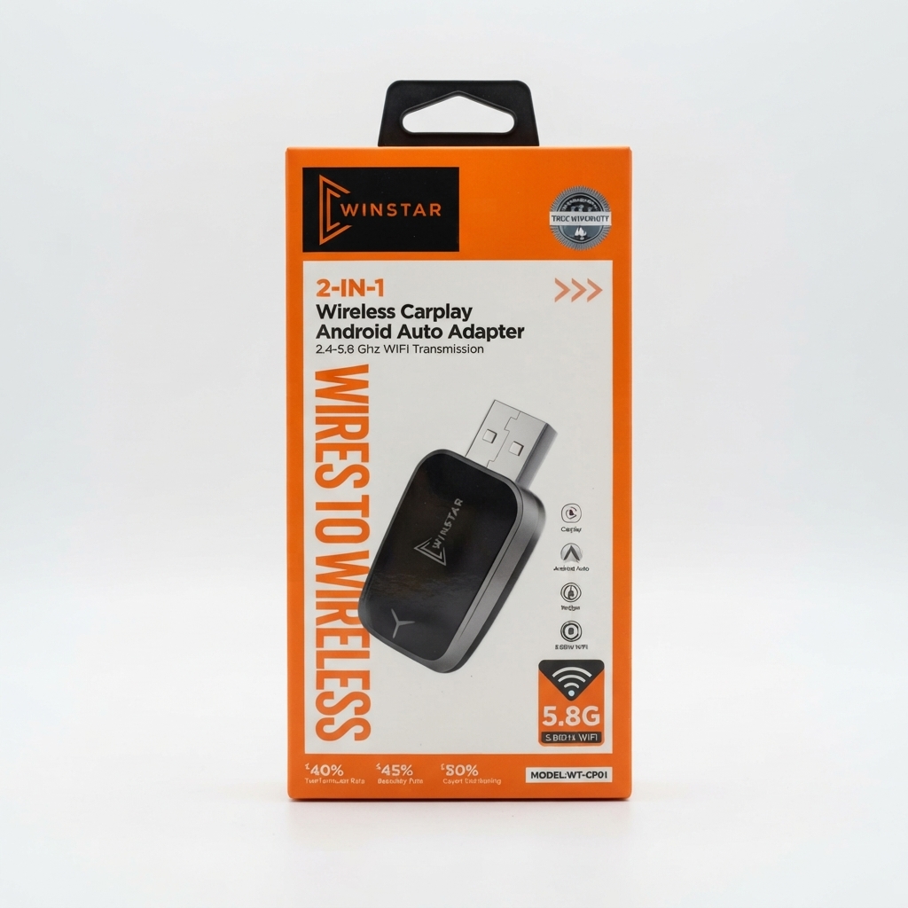 Adaptateur CarPlay sans fil et Android Auto Winstar WT-CP01 dans son emballage Adaptateur CarPlay sans fil Winstar WT-CP01